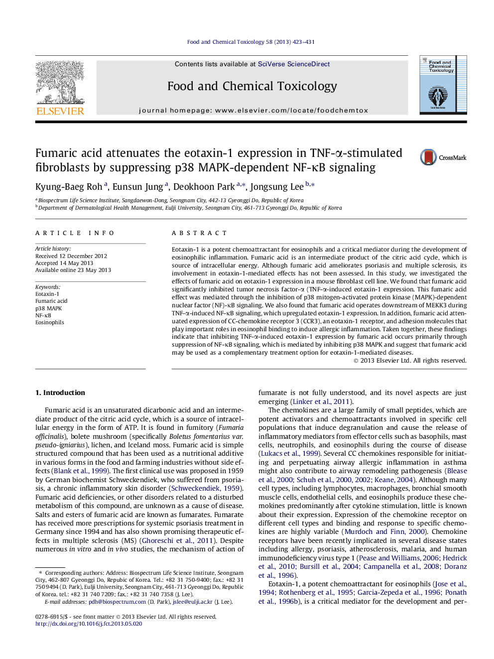 Fumaric acid attenuates the eotaxin-1 expression in TNF-Î±-stimulated fibroblasts by suppressing p38 MAPK-dependent NF-ÎºB signaling