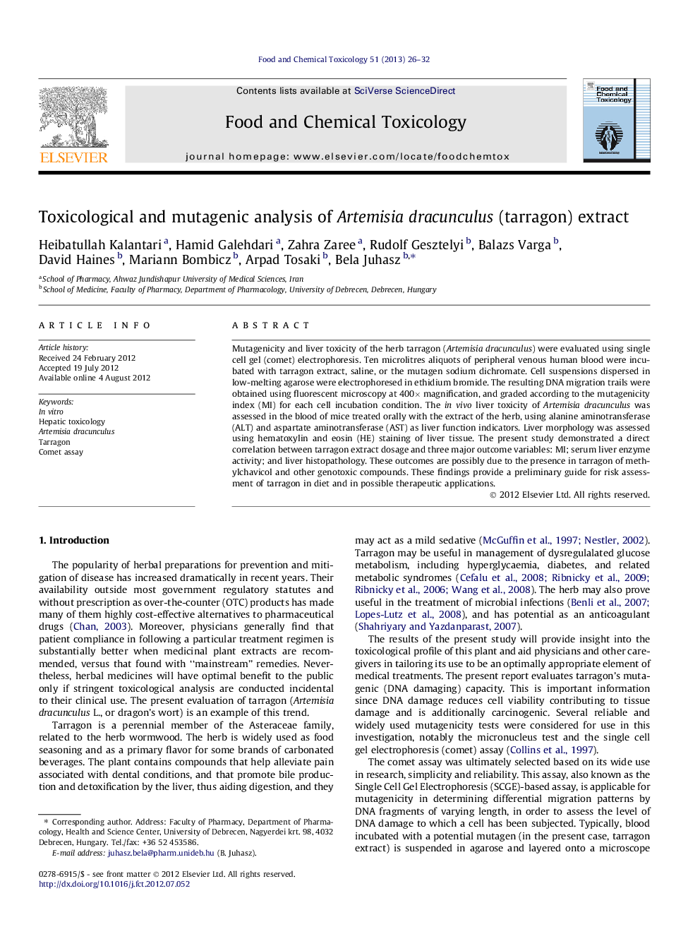 Toxicological and mutagenic analysis of Artemisia dracunculus (tarragon) extract