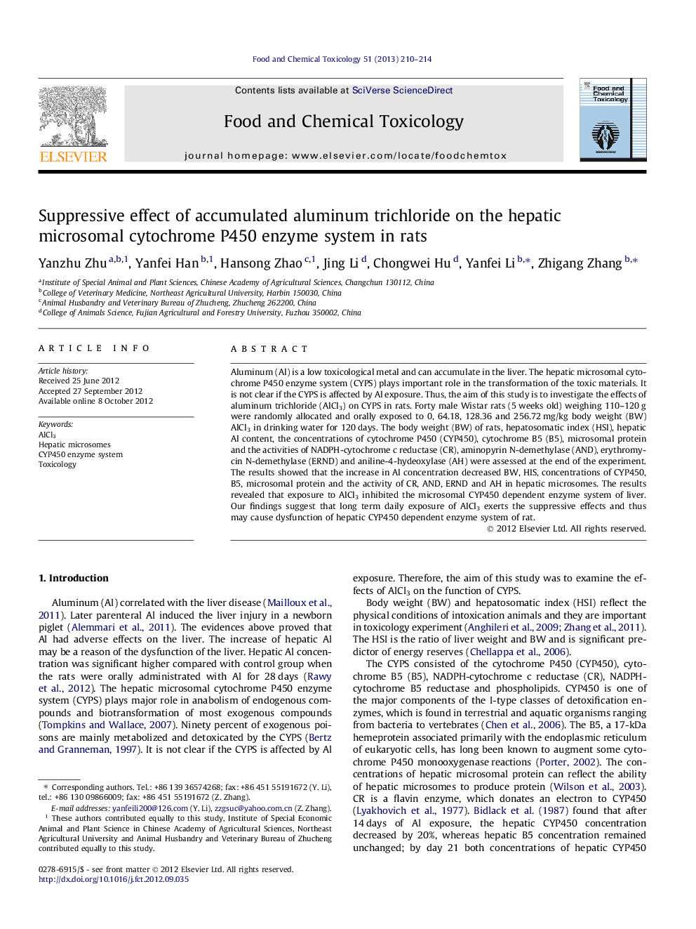 Suppressive effect of accumulated aluminum trichloride on the hepatic microsomal cytochrome P450 enzyme system in rats