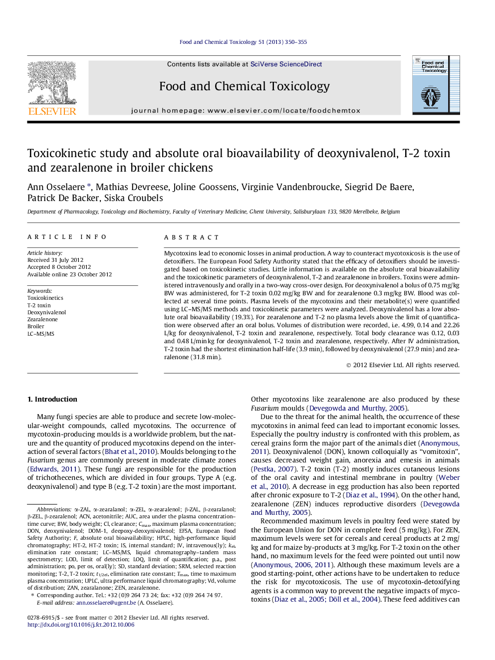 Toxicokinetic study and absolute oral bioavailability of deoxynivalenol, T-2 toxin and zearalenone in broiler chickens