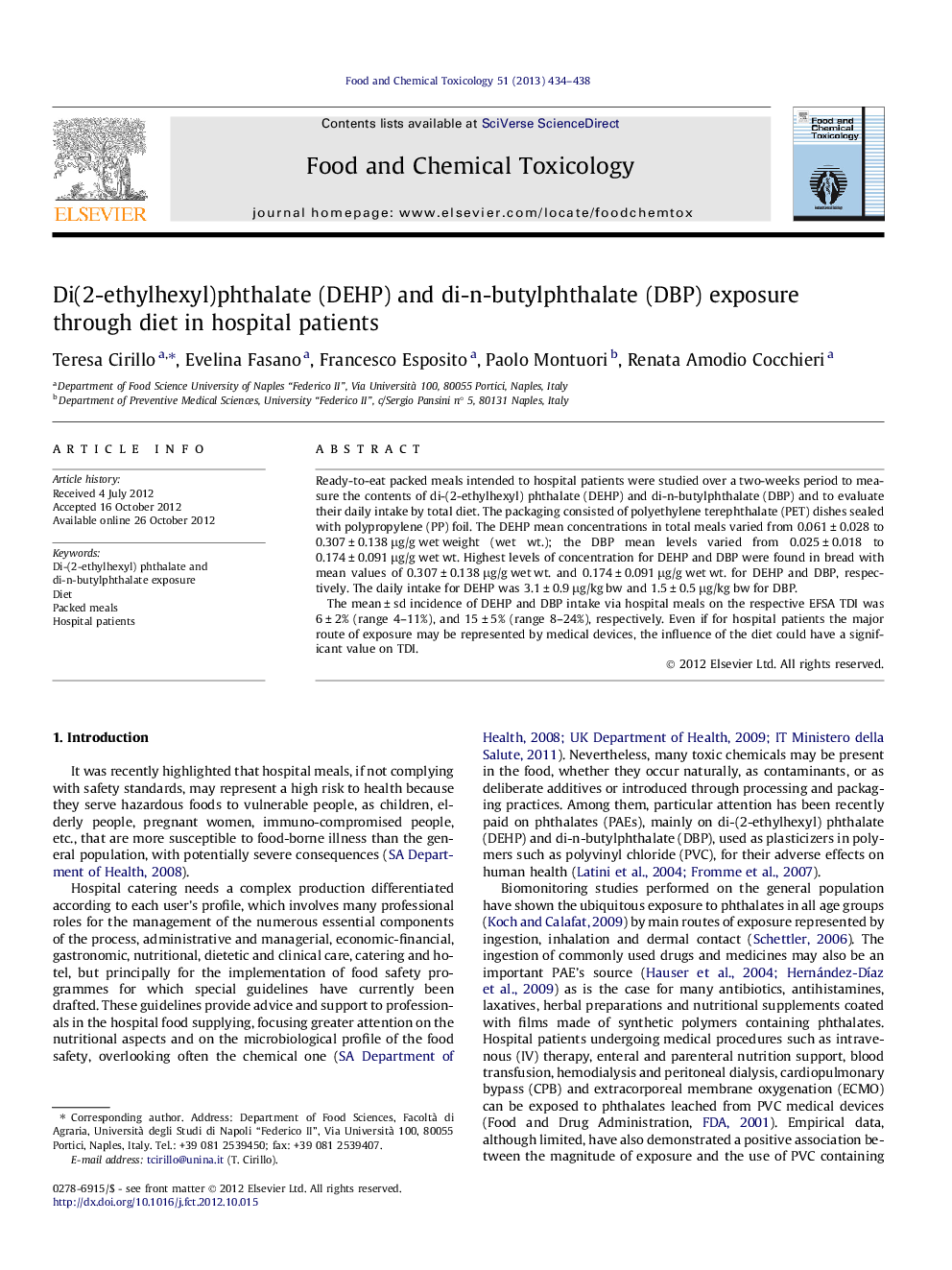 Di(2-ethylhexyl)phthalate (DEHP) and di-n-butylphthalate (DBP) exposure through diet in hospital patients