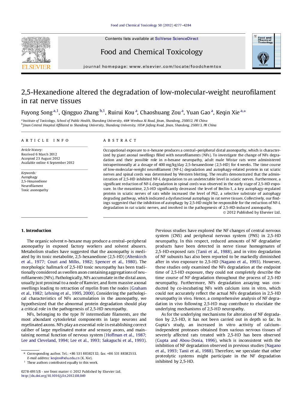 2,5-Hexanedione altered the degradation of low-molecular-weight neurofilament in rat nerve tissues