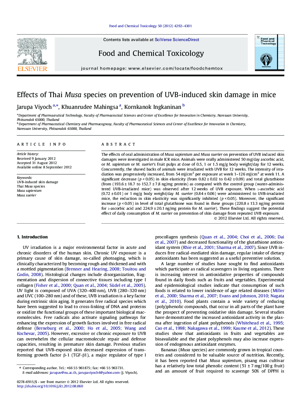 Effects of Thai Musa species on prevention of UVB-induced skin damage in mice