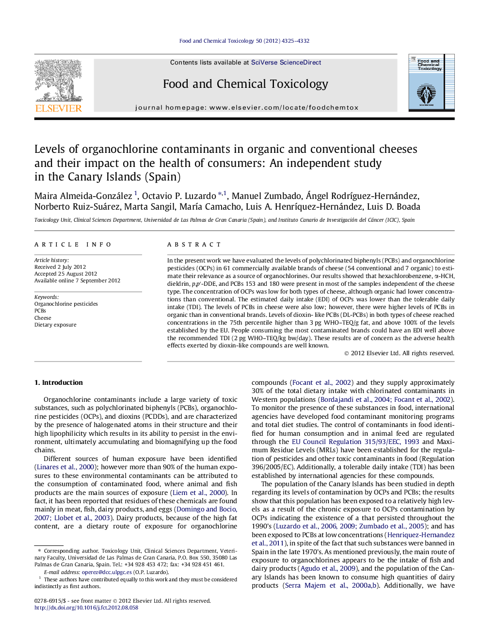 Levels of organochlorine contaminants in organic and conventional cheeses and their impact on the health of consumers: An independent study in the Canary Islands (Spain)