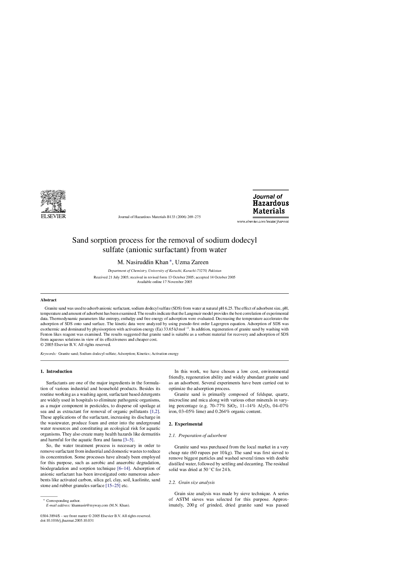 Sand sorption process for the removal of sodium dodecyl sulfate (anionic surfactant) from water