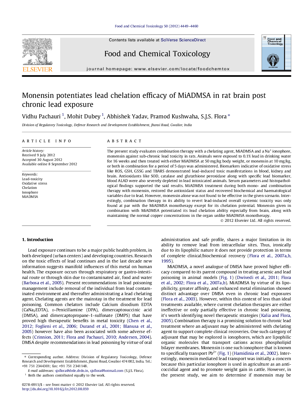 Monensin potentiates lead chelation efficacy of MiADMSA in rat brain post chronic lead exposure