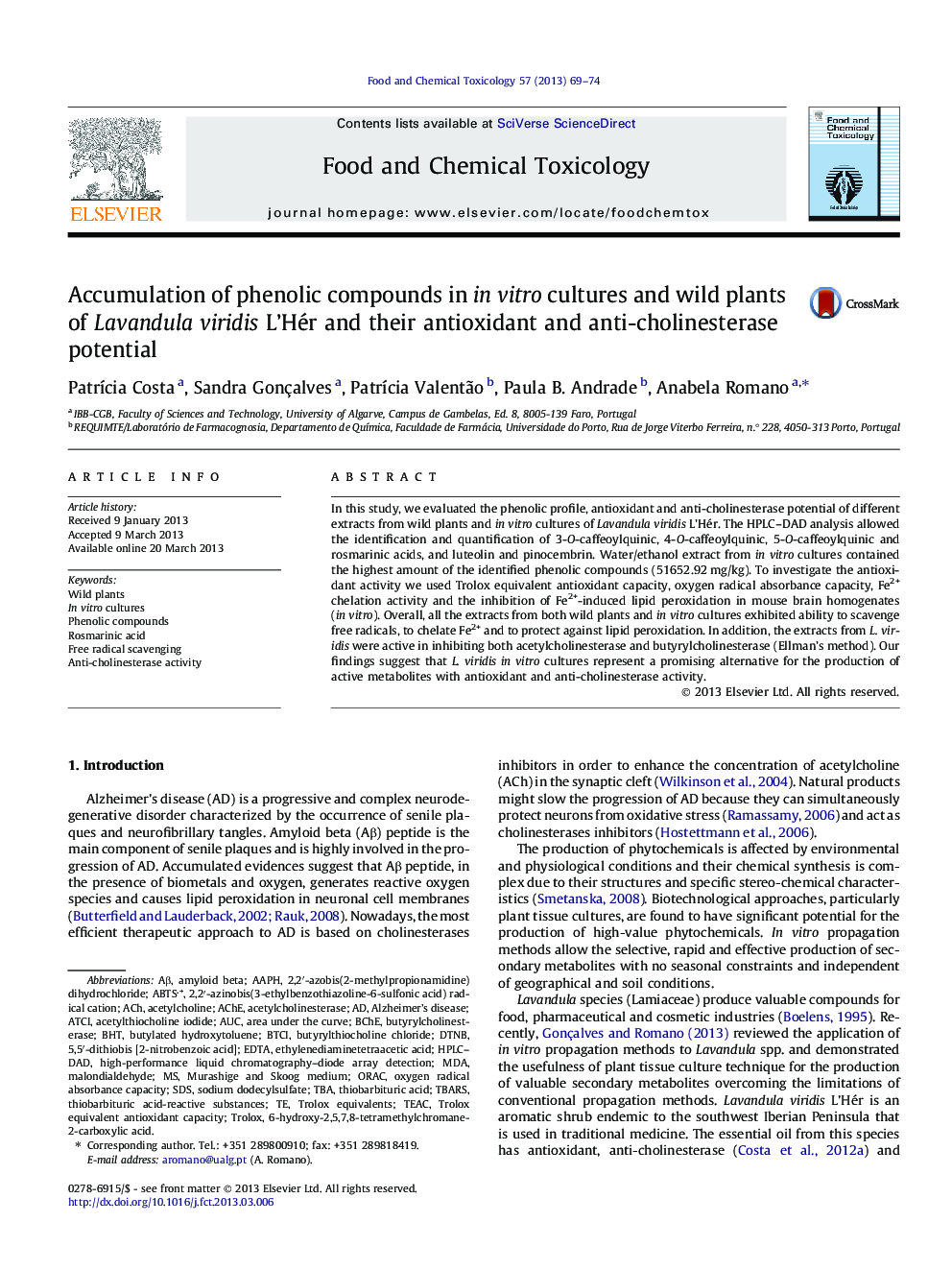 Accumulation of phenolic compounds in in vitro cultures and wild plants of Lavandula viridis L'Hér and their antioxidant and anti-cholinesterase potential