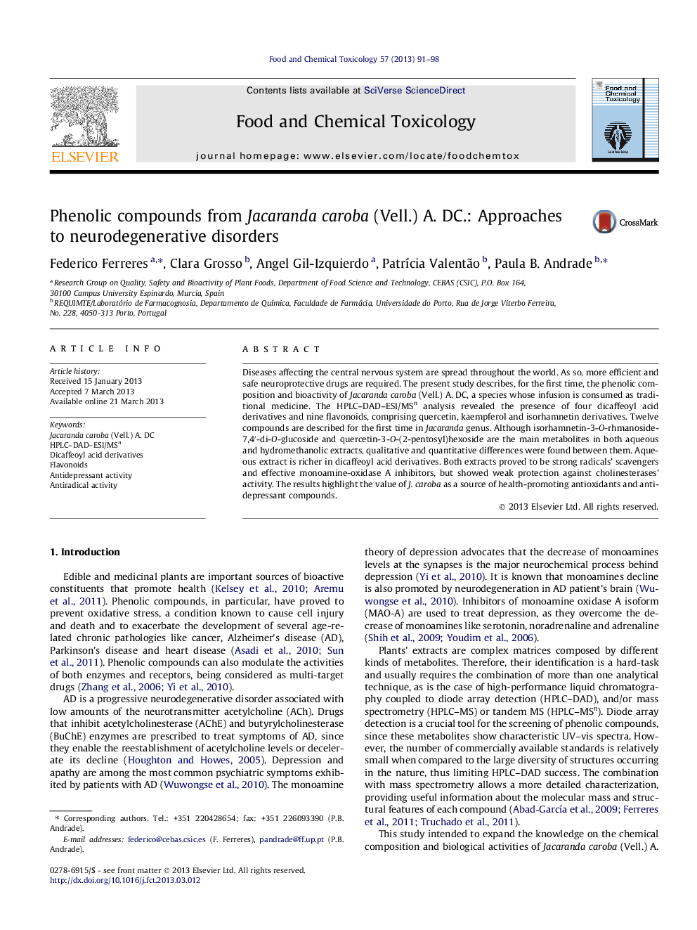 Phenolic compounds from Jacaranda caroba (Vell.) A. DC.: Approaches to neurodegenerative disorders