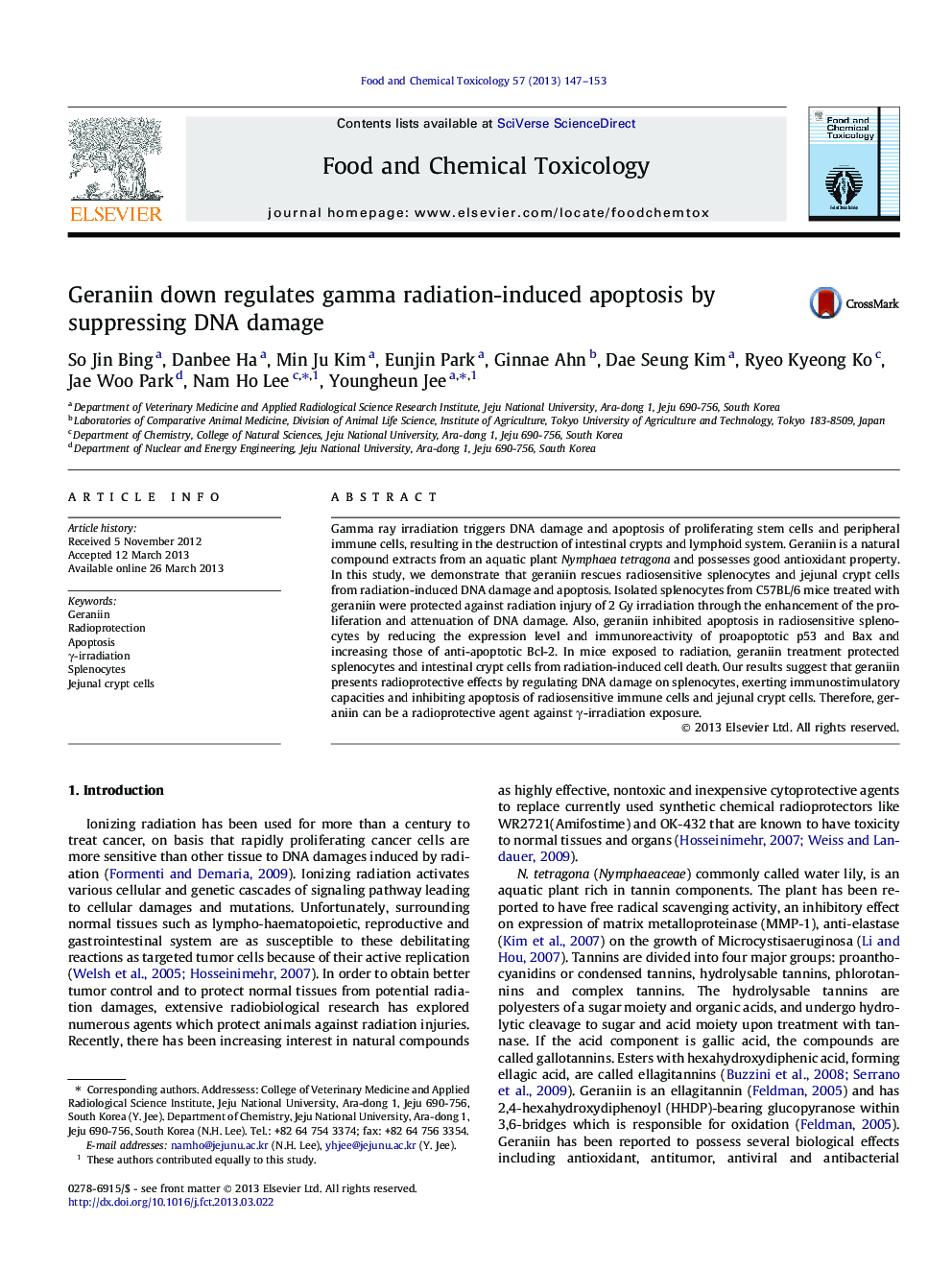 Geraniin down regulates gamma radiation-induced apoptosis by suppressing DNA damage