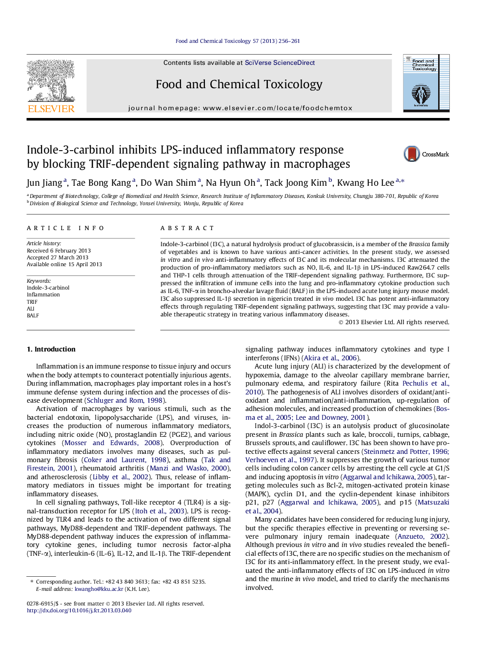 Indole-3-carbinol inhibits LPS-induced inflammatory response by blocking TRIF-dependent signaling pathway in macrophages