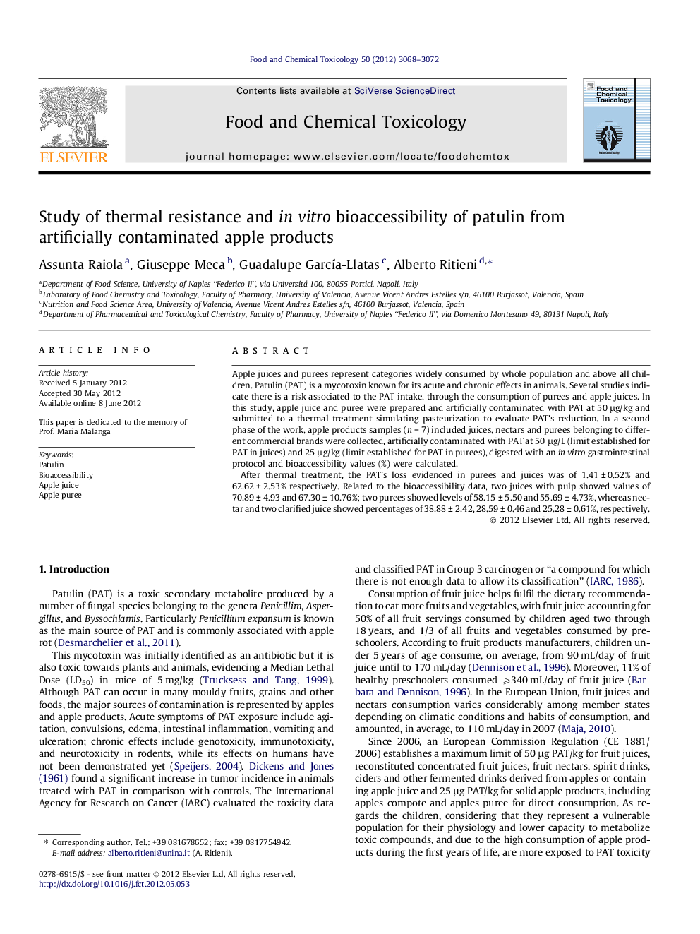 Study of thermal resistance and in vitro bioaccessibility of patulin from artificially contaminated apple products