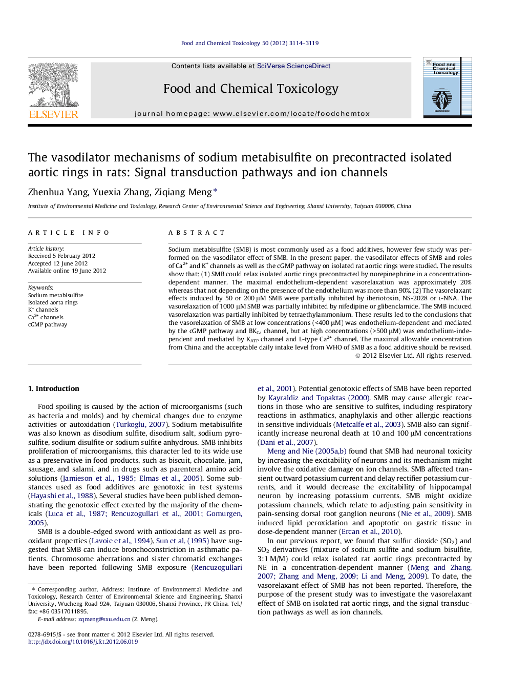 The vasodilator mechanisms of sodium metabisulfite on precontracted isolated aortic rings in rats: Signal transduction pathways and ion channels