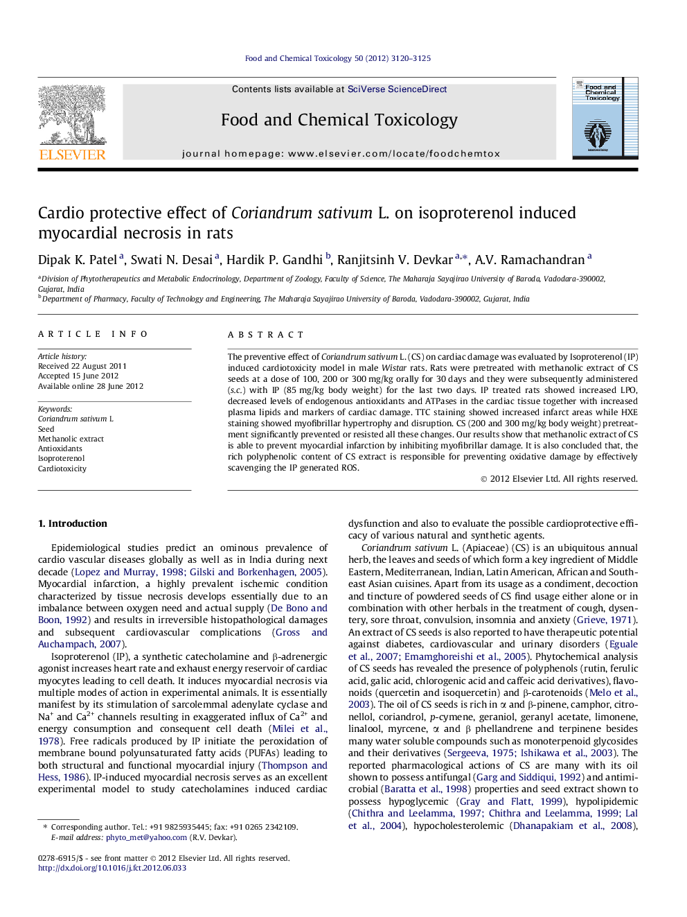 Cardio protective effect of Coriandrum sativum L. on isoproterenol induced myocardial necrosis in rats