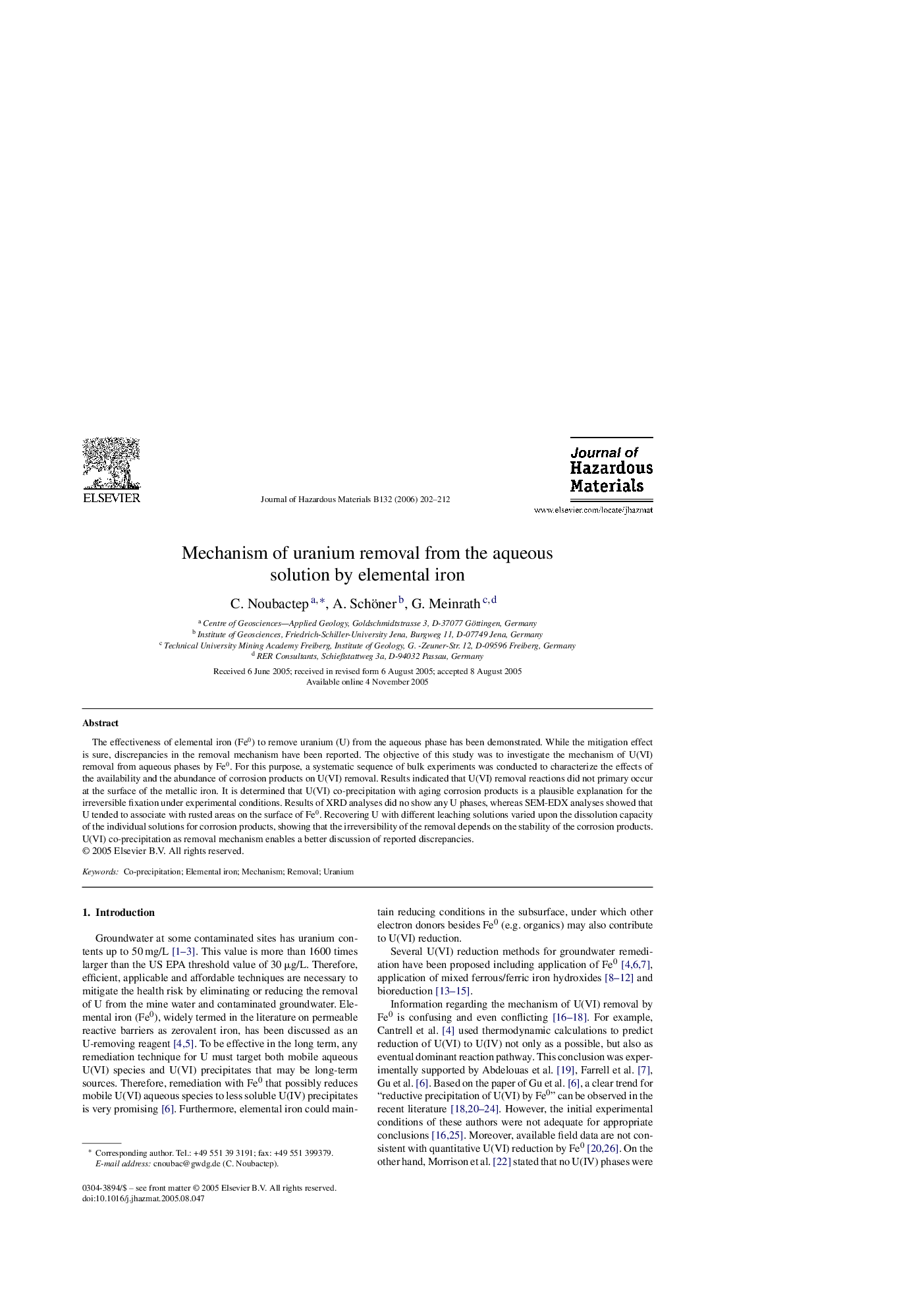 Mechanism of uranium removal from the aqueous solution by elemental iron