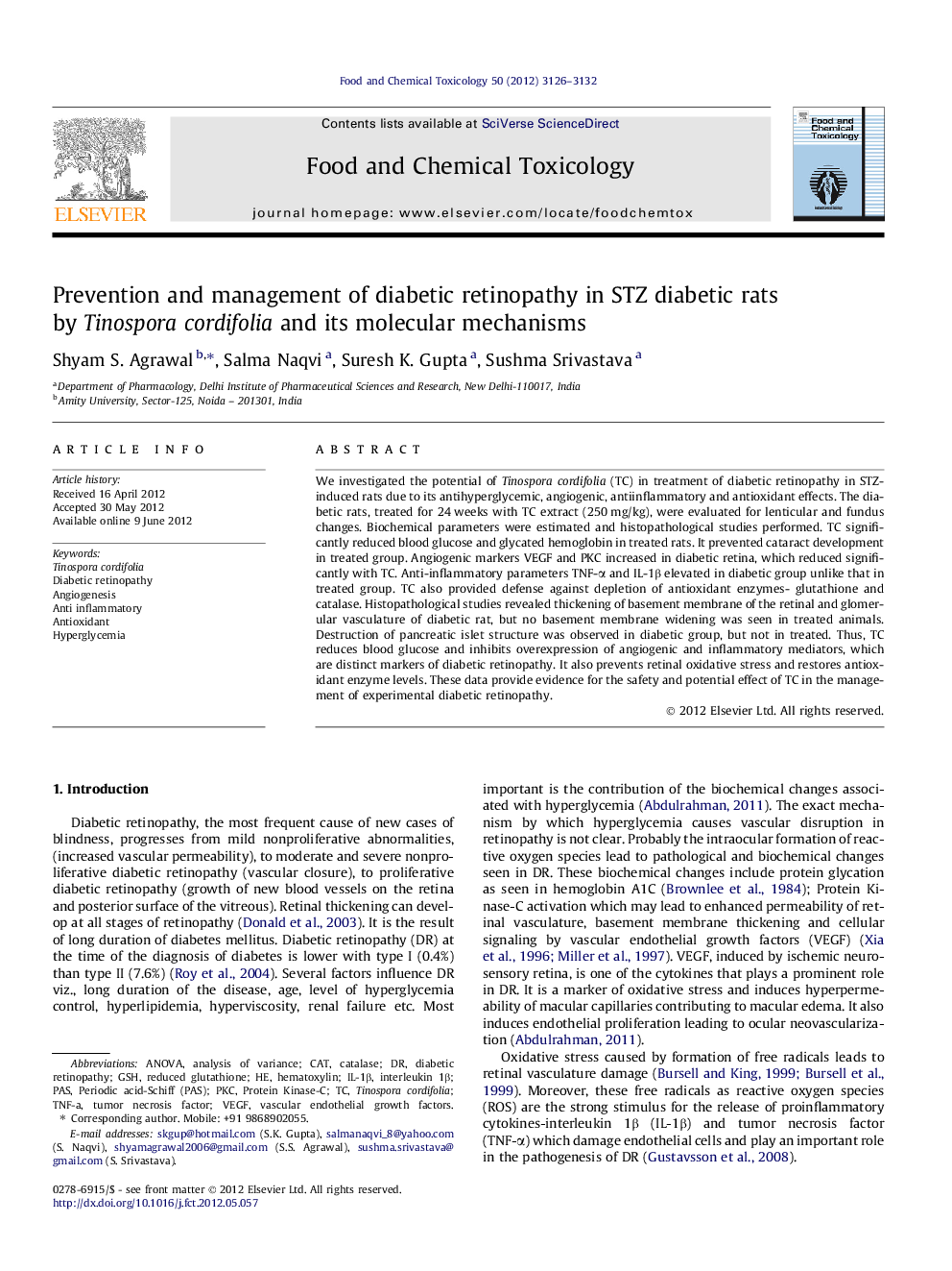 Prevention and management of diabetic retinopathy in STZ diabetic rats by Tinospora cordifolia and its molecular mechanisms