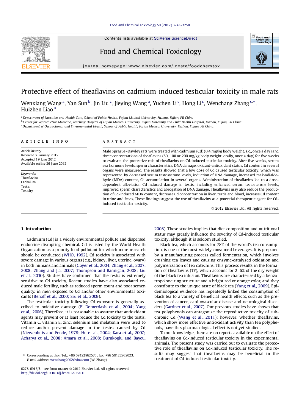 Protective effect of theaflavins on cadmium-induced testicular toxicity in male rats