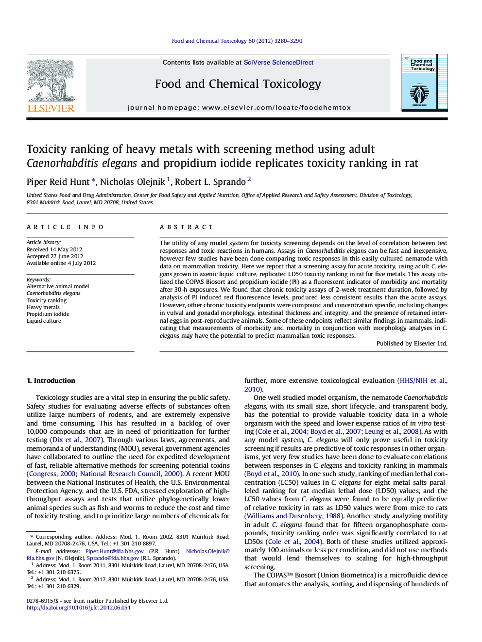 Toxicity ranking of heavy metals with screening method using adult Caenorhabditis elegans and propidium iodide replicates toxicity ranking in rat