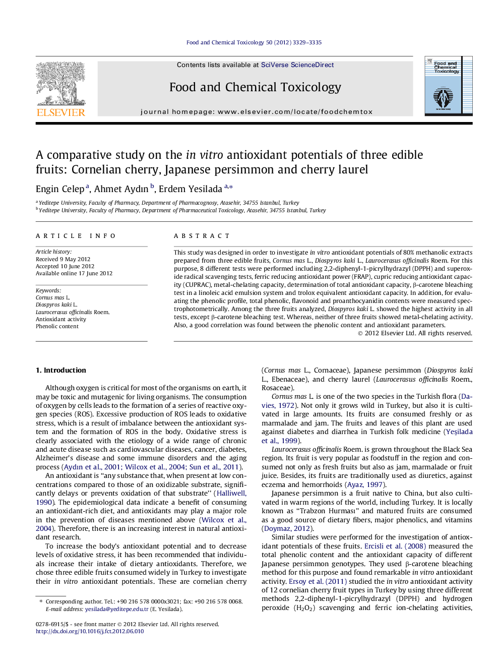 A comparative study on the in vitro antioxidant potentials of three edible fruits: Cornelian cherry, Japanese persimmon and cherry laurel