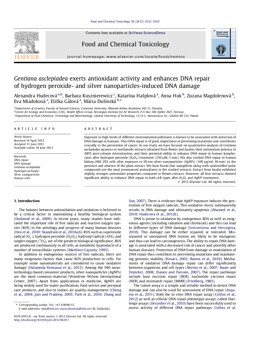 Gentiana asclepiadea exerts antioxidant activity and enhances DNA repair of hydrogen peroxide- and silver nanoparticles-induced DNA damage