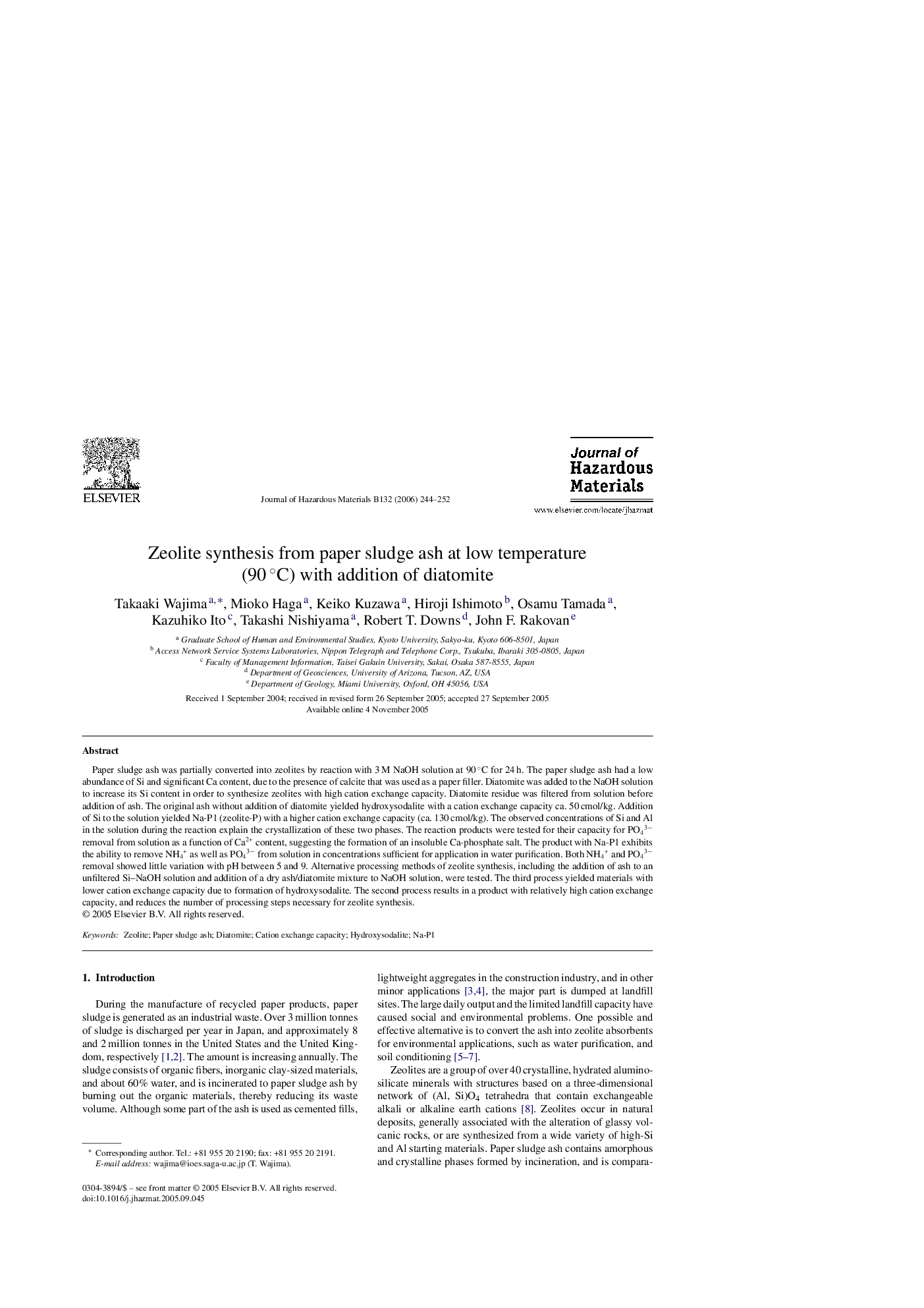 Zeolite synthesis from paper sludge ash at low temperature (90Â Â°C) with addition of diatomite