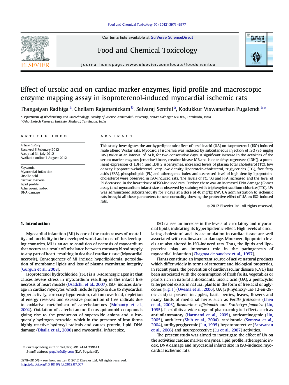 Effect of ursolic acid on cardiac marker enzymes, lipid profile and macroscopic enzyme mapping assay in isoproterenol-induced myocardial ischemic rats