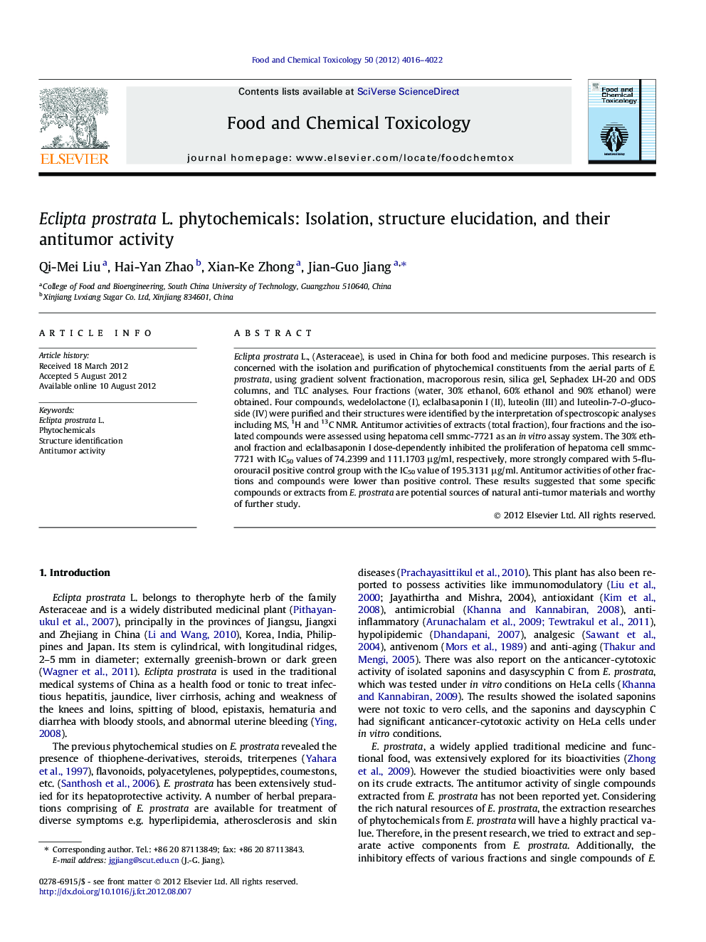 Eclipta prostrata L. phytochemicals: Isolation, structure elucidation, and their antitumor activity