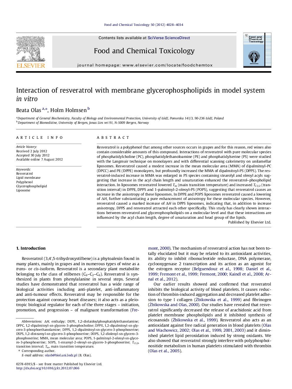 Interaction of resveratrol with membrane glycerophospholipids in model system in vitro