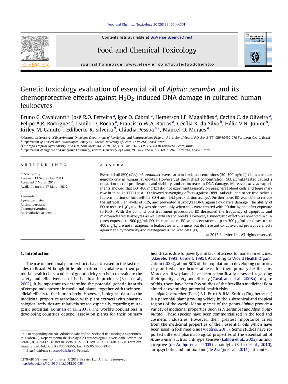 Genetic toxicology evaluation of essential oil of Alpinia zerumbet and its chemoprotective effects against H2O2-induced DNA damage in cultured human leukocytes