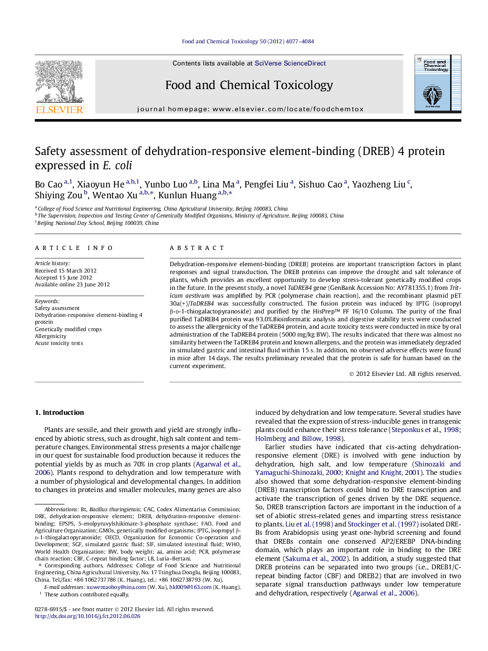 Safety assessment of dehydration-responsive element-binding (DREB) 4 protein expressed in E. coli