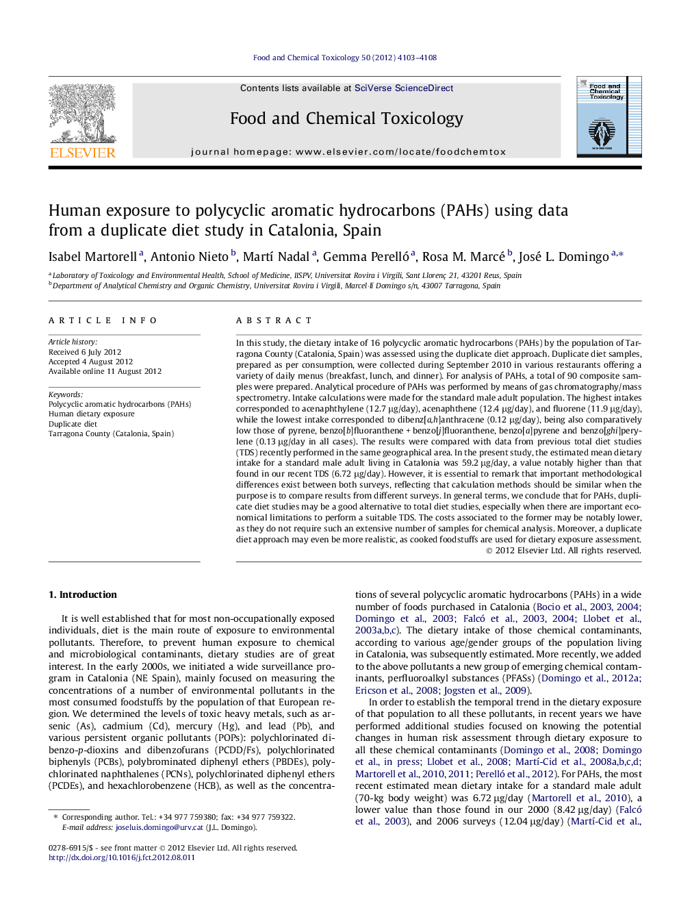 Human exposure to polycyclic aromatic hydrocarbons (PAHs) using data from a duplicate diet study in Catalonia, Spain