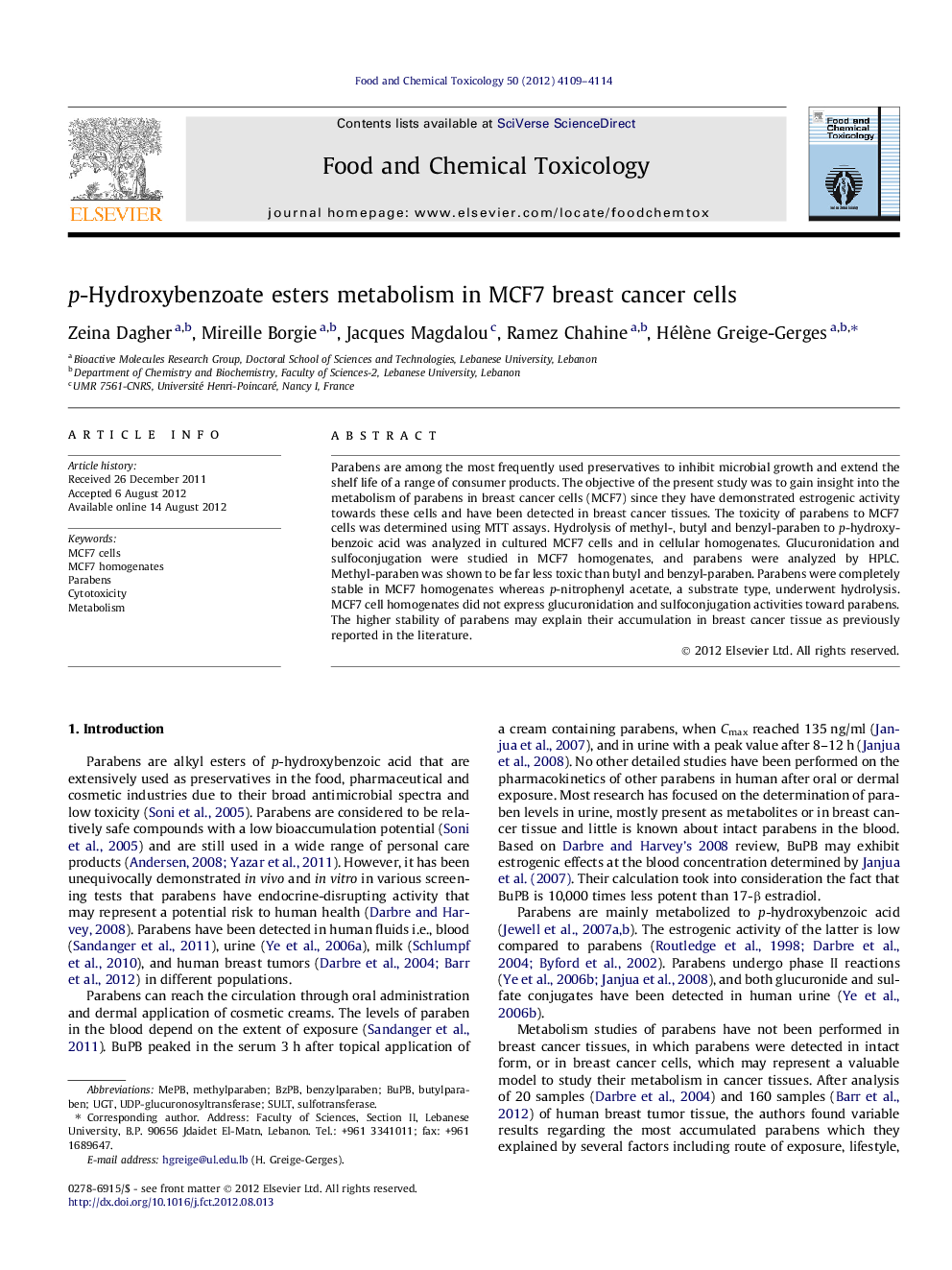 p-Hydroxybenzoate esters metabolism in MCF7 breast cancer cells