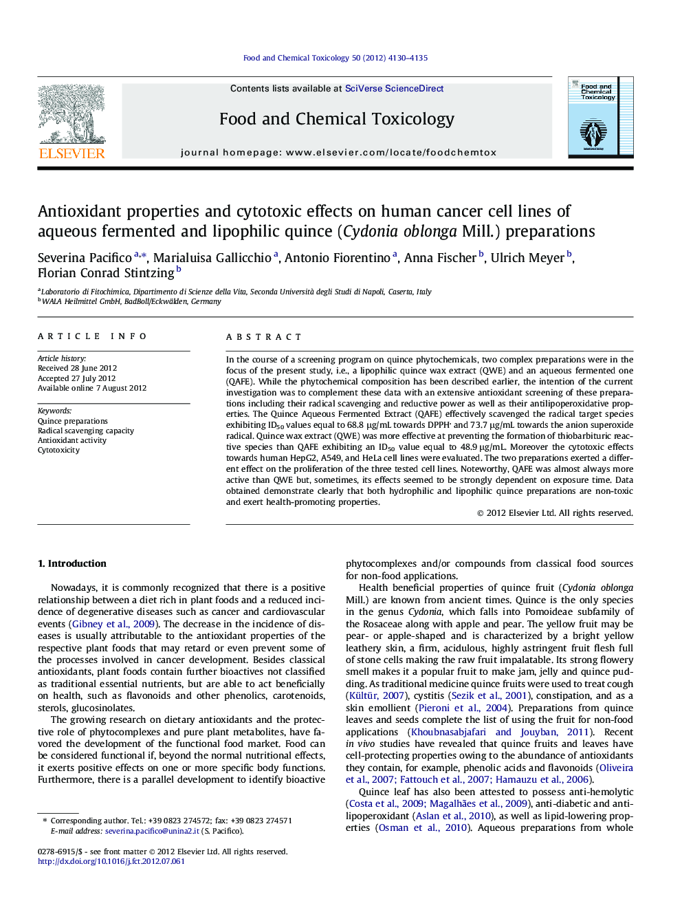 Antioxidant properties and cytotoxic effects on human cancer cell lines of aqueous fermented and lipophilic quince (Cydonia oblonga Mill.) preparations