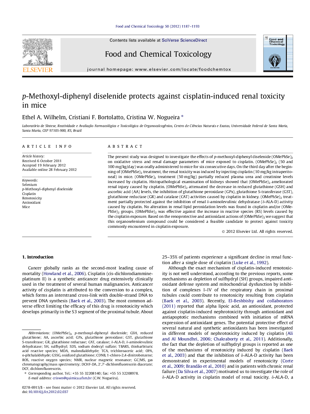 p-Methoxyl-diphenyl diselenide protects against cisplatin-induced renal toxicity in mice