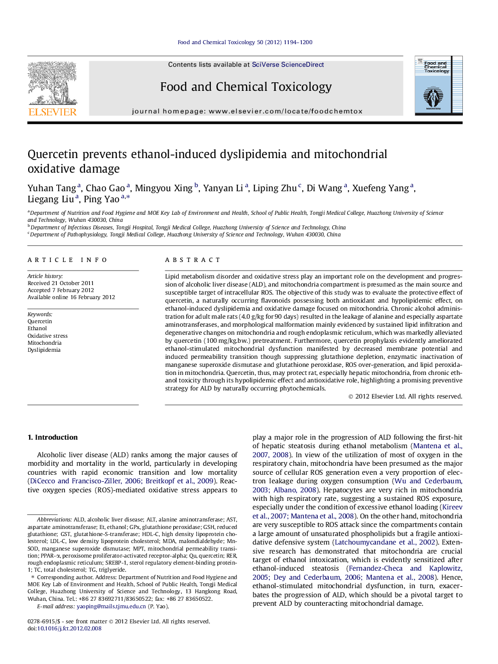 Quercetin prevents ethanol-induced dyslipidemia and mitochondrial oxidative damage