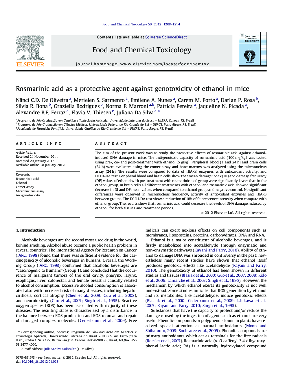 Rosmarinic acid as a protective agent against genotoxicity of ethanol in mice