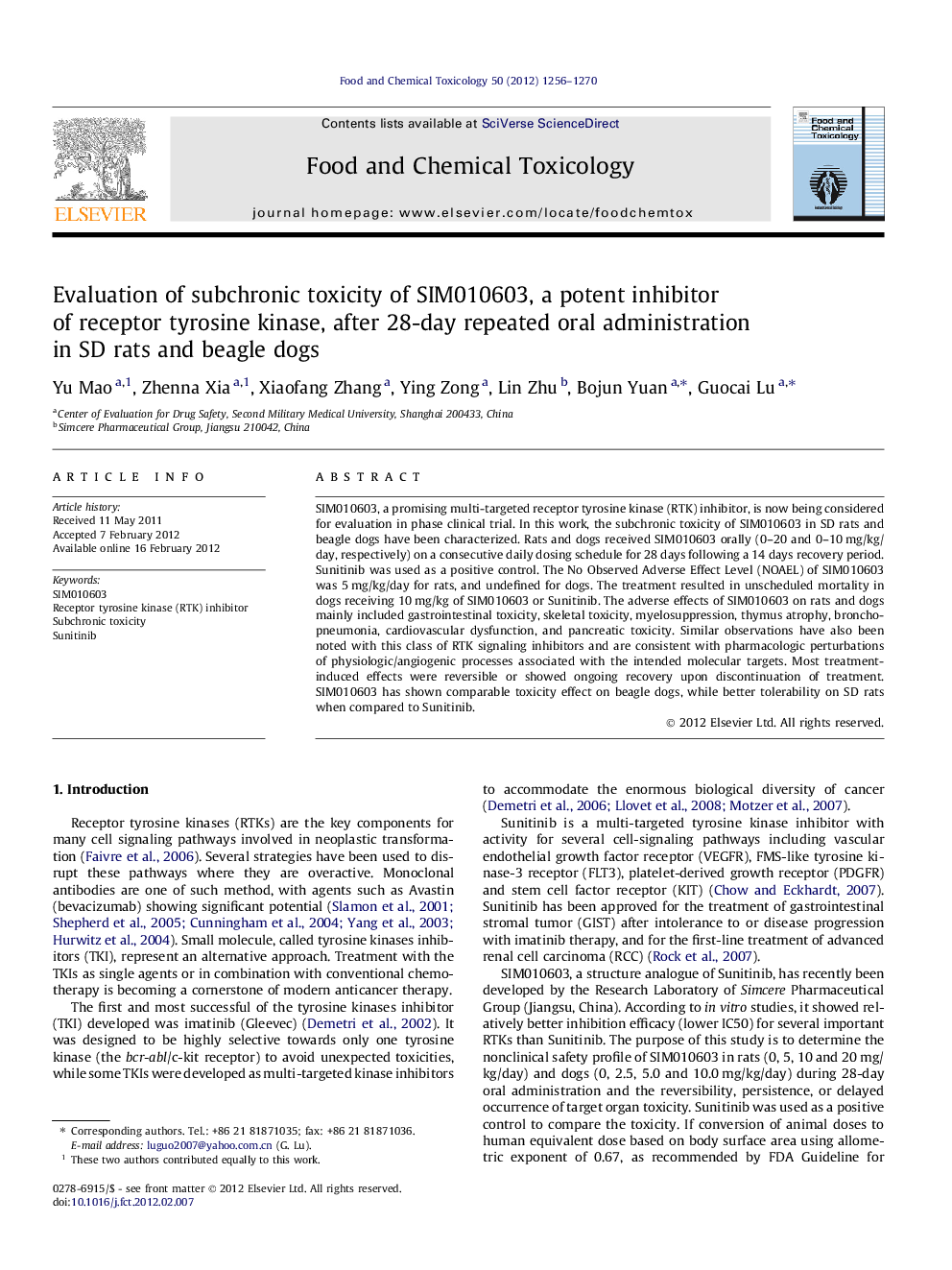 Evaluation of subchronic toxicity of SIM010603, a potent inhibitor of receptor tyrosine kinase, after 28-day repeated oral administration in SD rats and beagle dogs