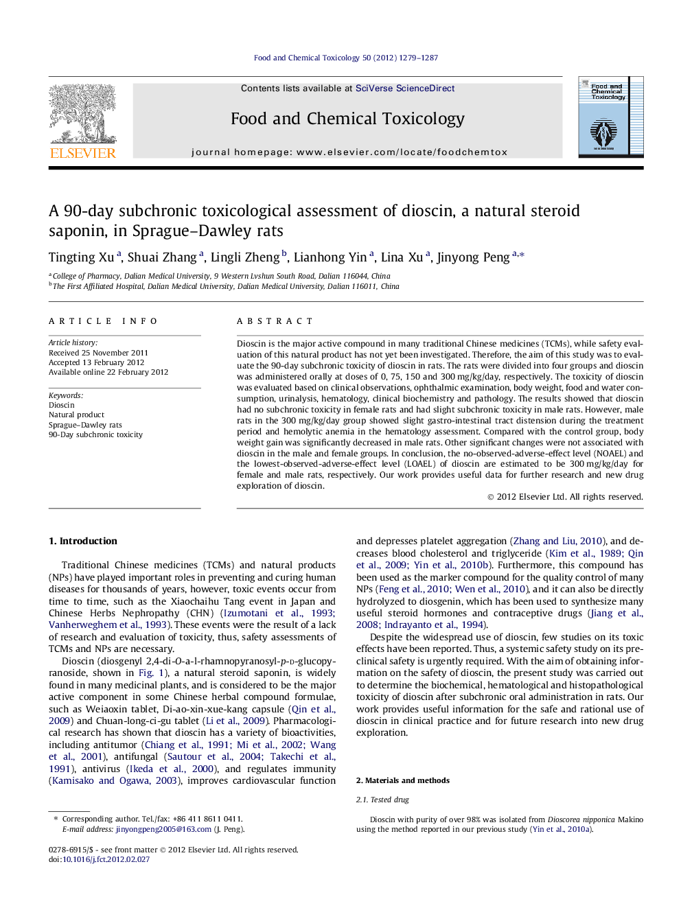 A 90-day subchronic toxicological assessment of dioscin, a natural steroid saponin, in Sprague-Dawley rats