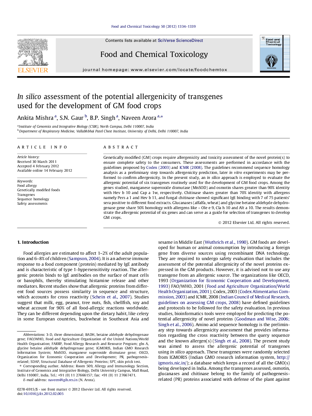 In silico assessment of the potential allergenicity of transgenes used for the development of GM food crops