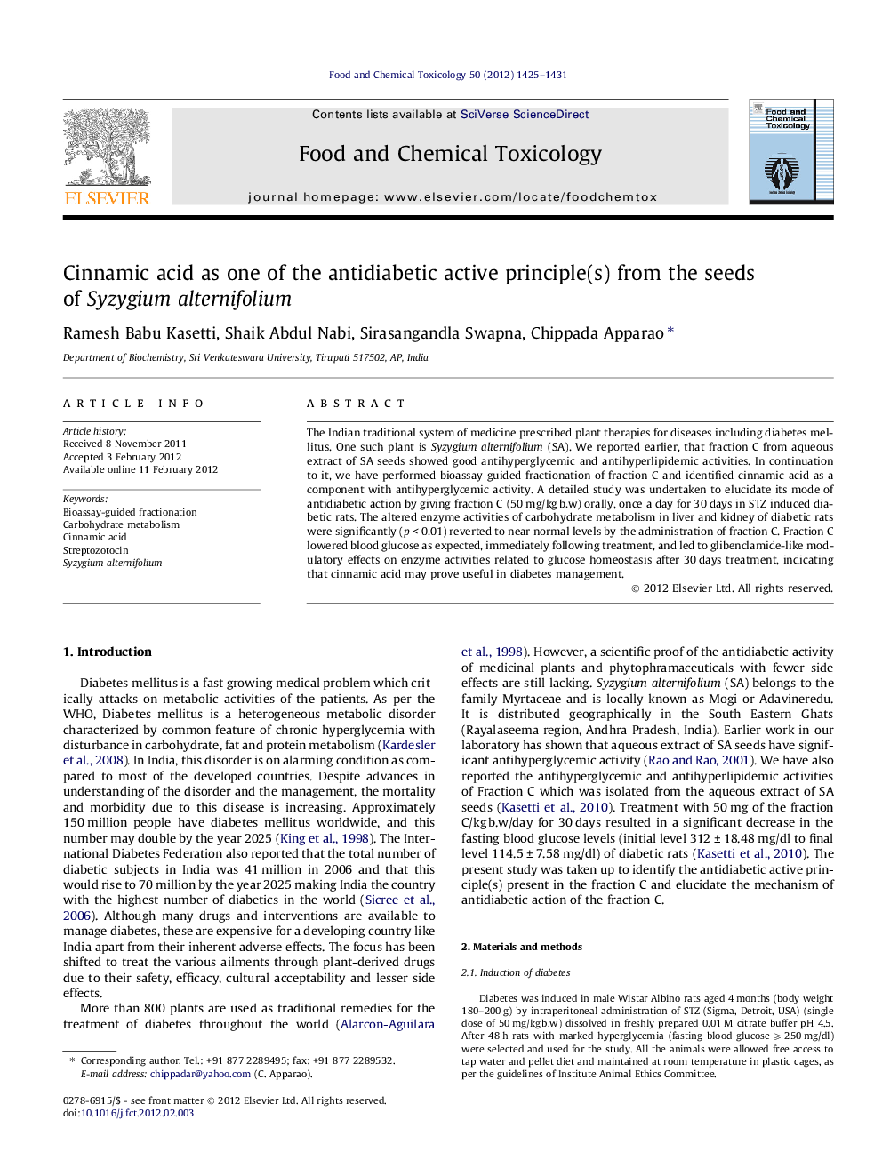 Cinnamic acid as one of the antidiabetic active principle(s) from the seeds of Syzygium alternifolium