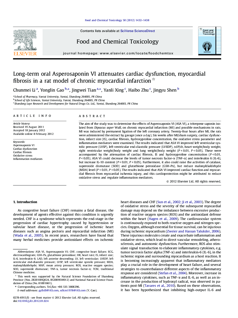 Long-term oral Asperosaponin VI attenuates cardiac dysfunction, myocardial fibrosis in a rat model of chronic myocardial infarction