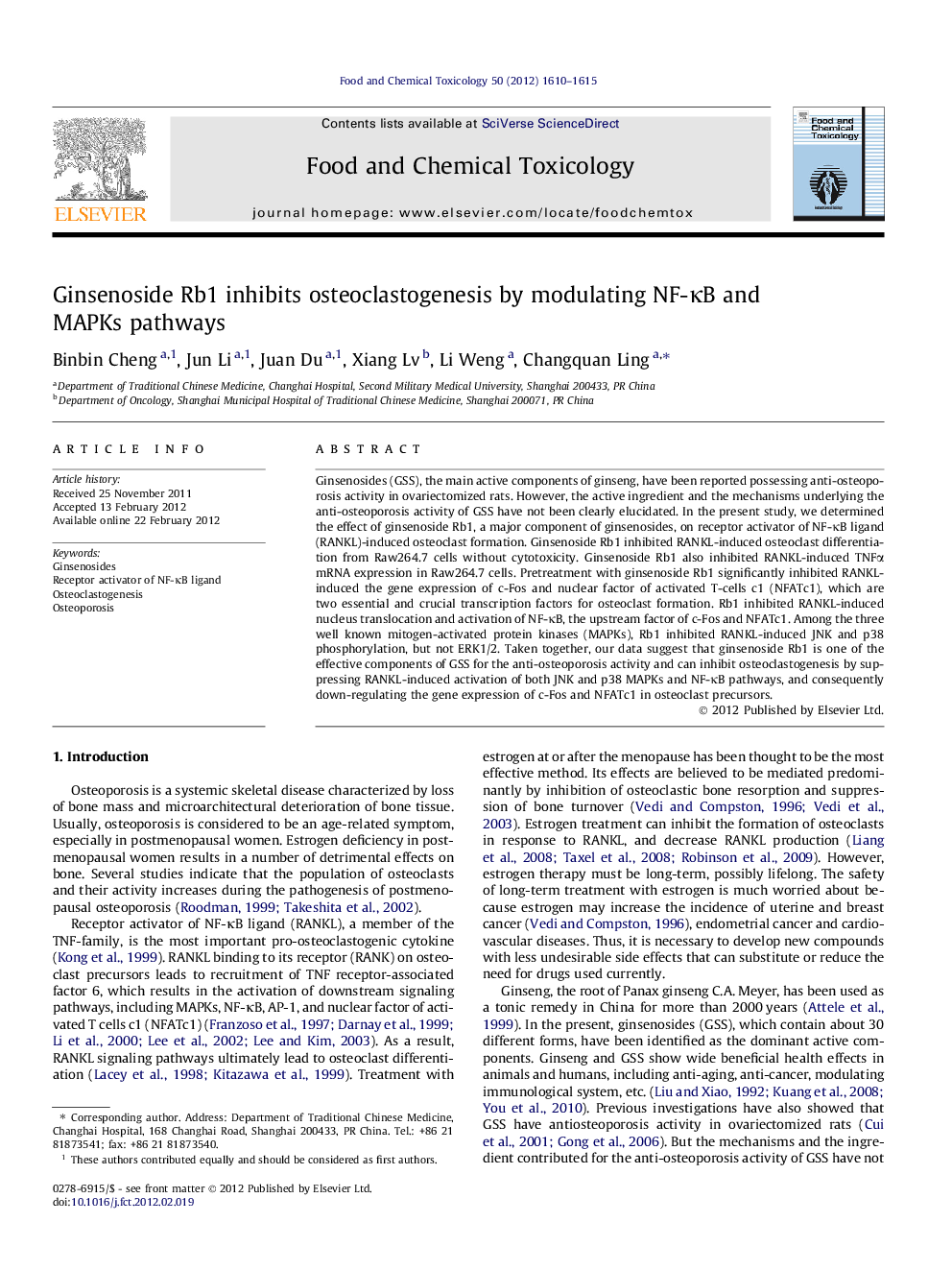 Ginsenoside Rb1 inhibits osteoclastogenesis by modulating NF-ÎºB and MAPKs pathways