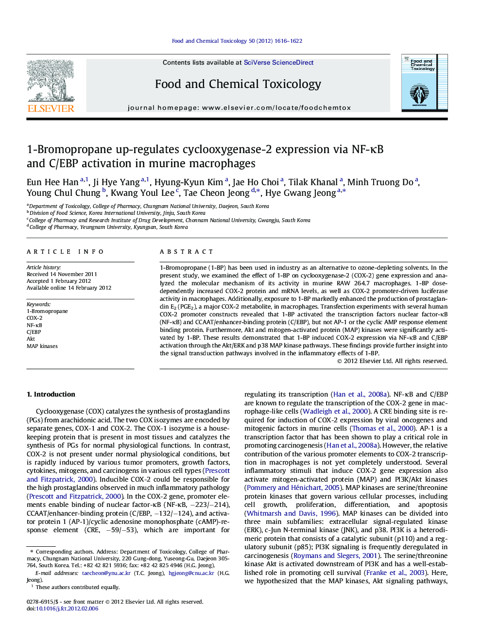 1-Bromopropane up-regulates cyclooxygenase-2 expression via NF-ÎºB and C/EBP activation in murine macrophages