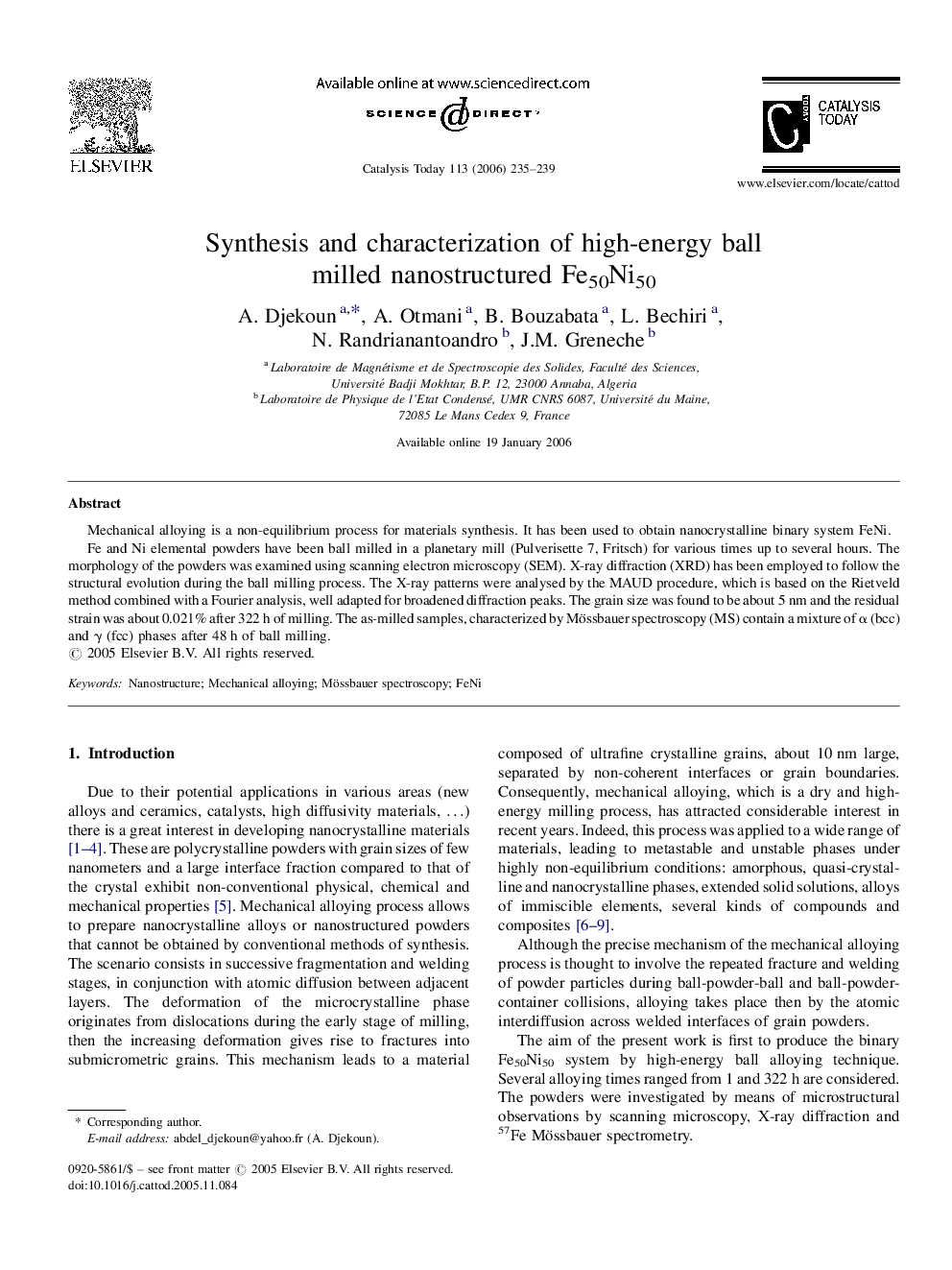 Synthesis and characterization of high-energy ball milled nanostructured Fe50Ni50