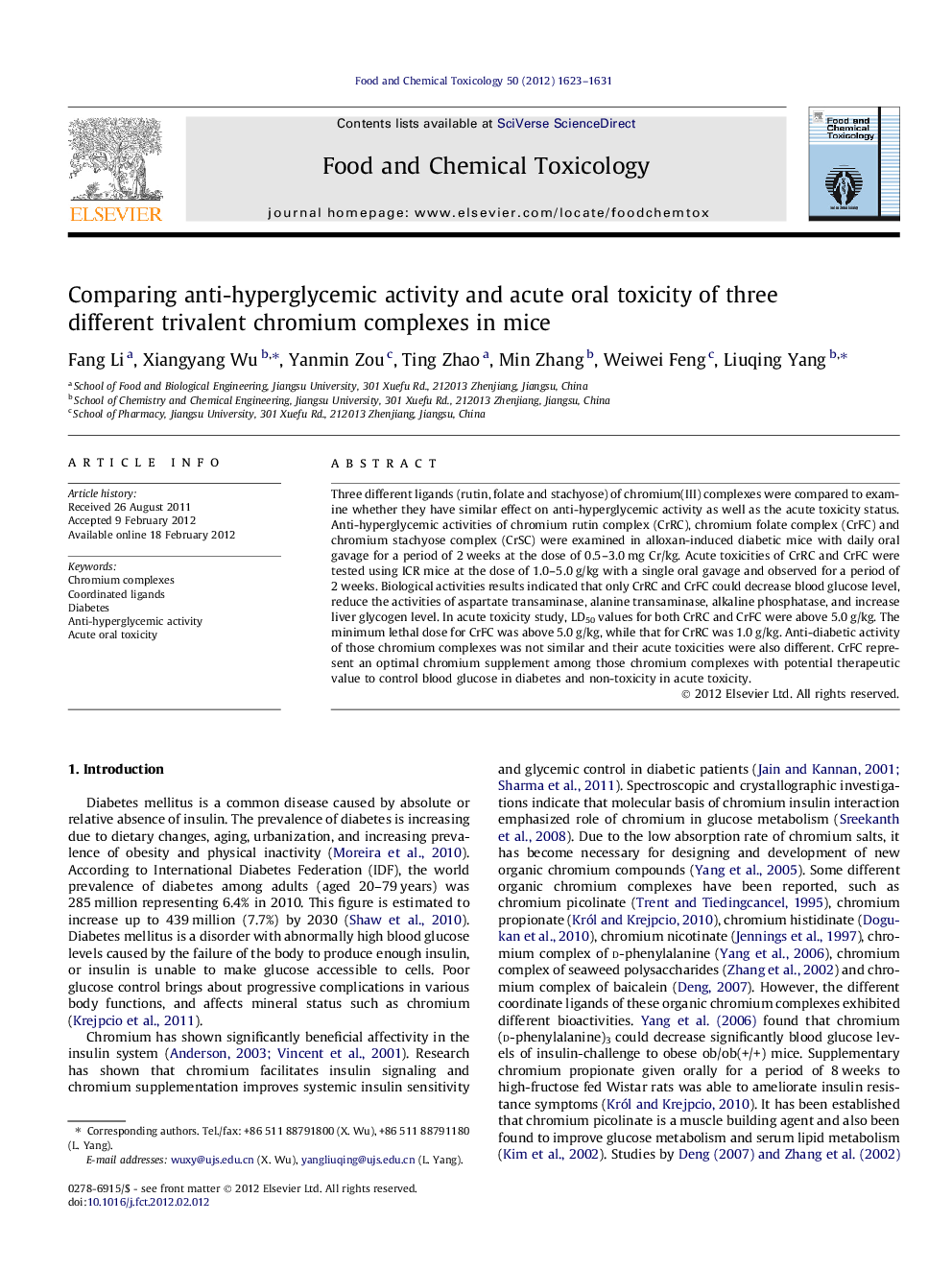 Comparing anti-hyperglycemic activity and acute oral toxicity of three different trivalent chromium complexes in mice