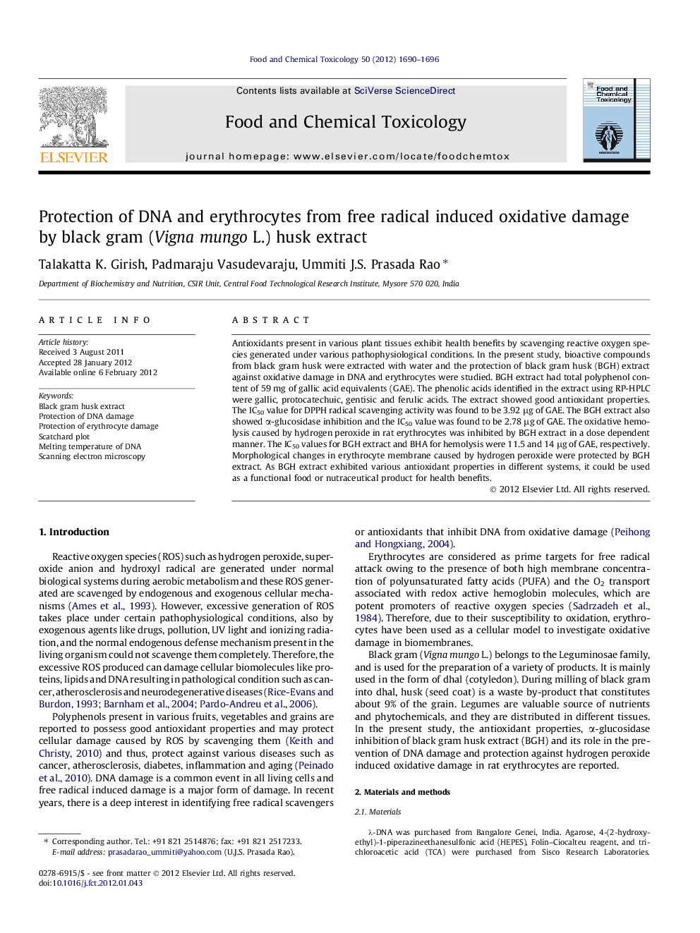 Protection of DNA and erythrocytes from free radical induced oxidative damage by black gram (Vigna mungo L.) husk extract