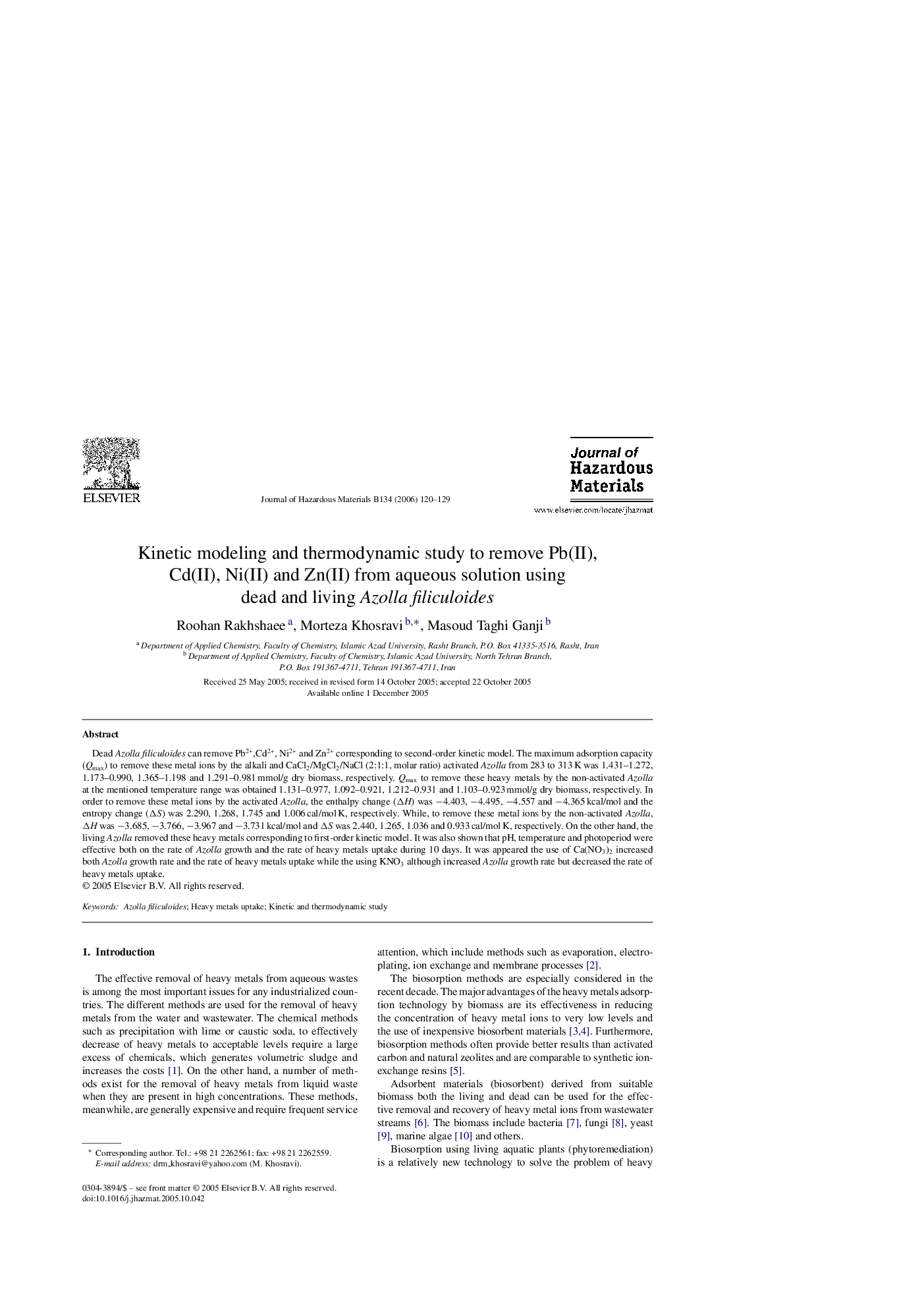 Kinetic modeling and thermodynamic study to remove Pb(II), Cd(II), Ni(II) and Zn(II) from aqueous solution using dead and living Azolla filiculoides