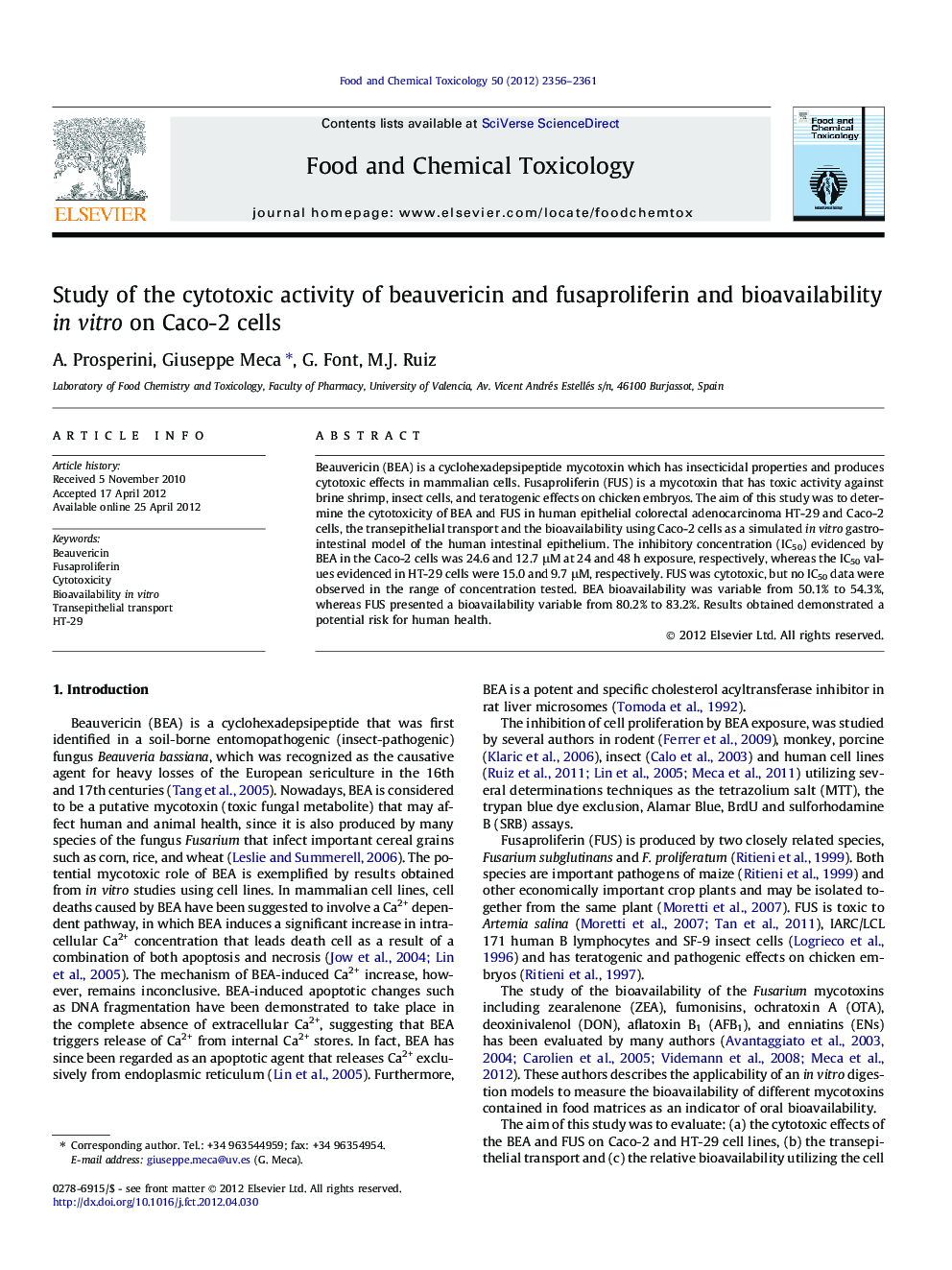 Study of the cytotoxic activity of beauvericin and fusaproliferin and bioavailability in vitro on Caco-2 cells