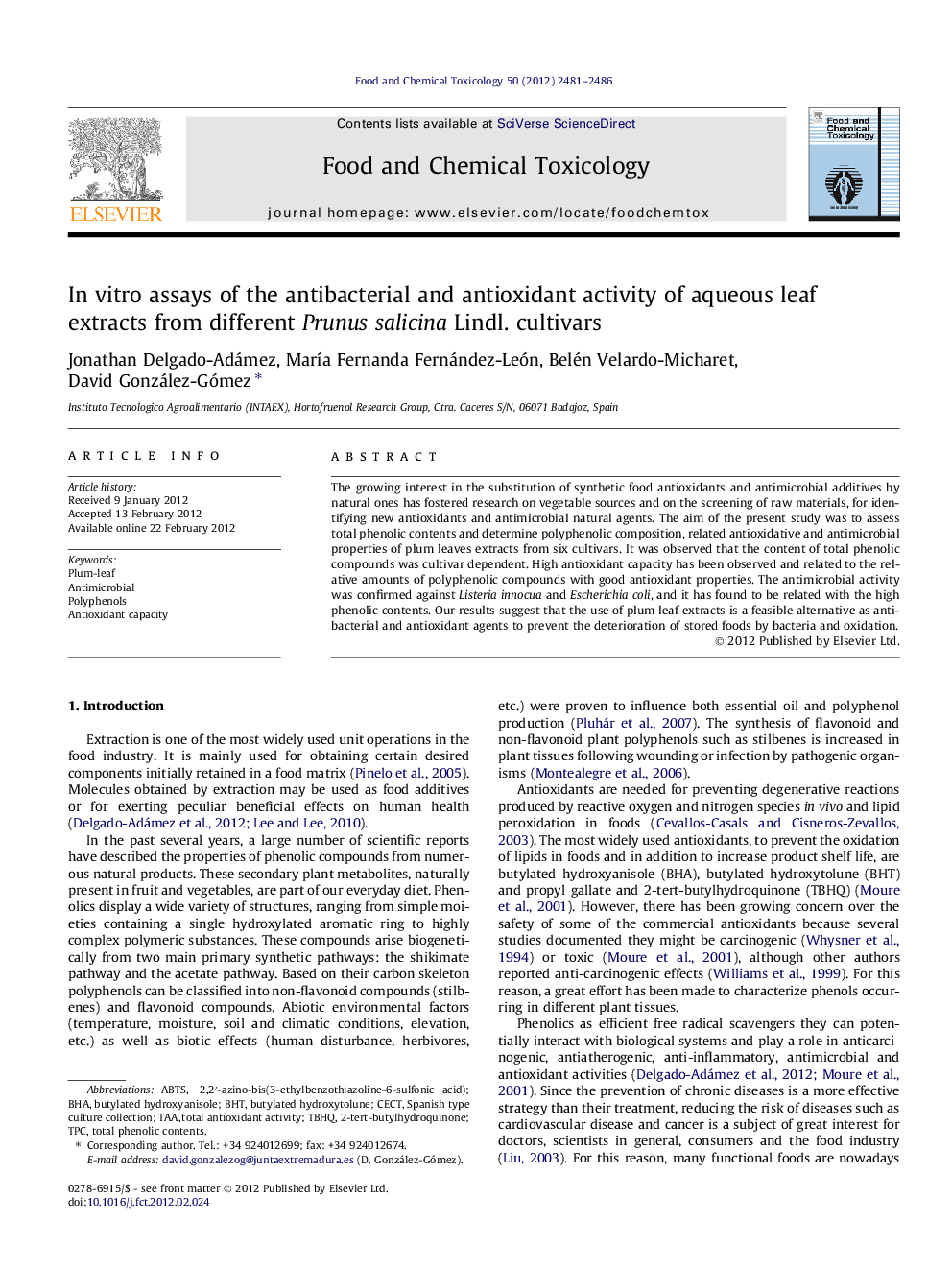 In vitro assays of the antibacterial and antioxidant activity of aqueous leaf extracts from different Prunus salicina Lindl. cultivars