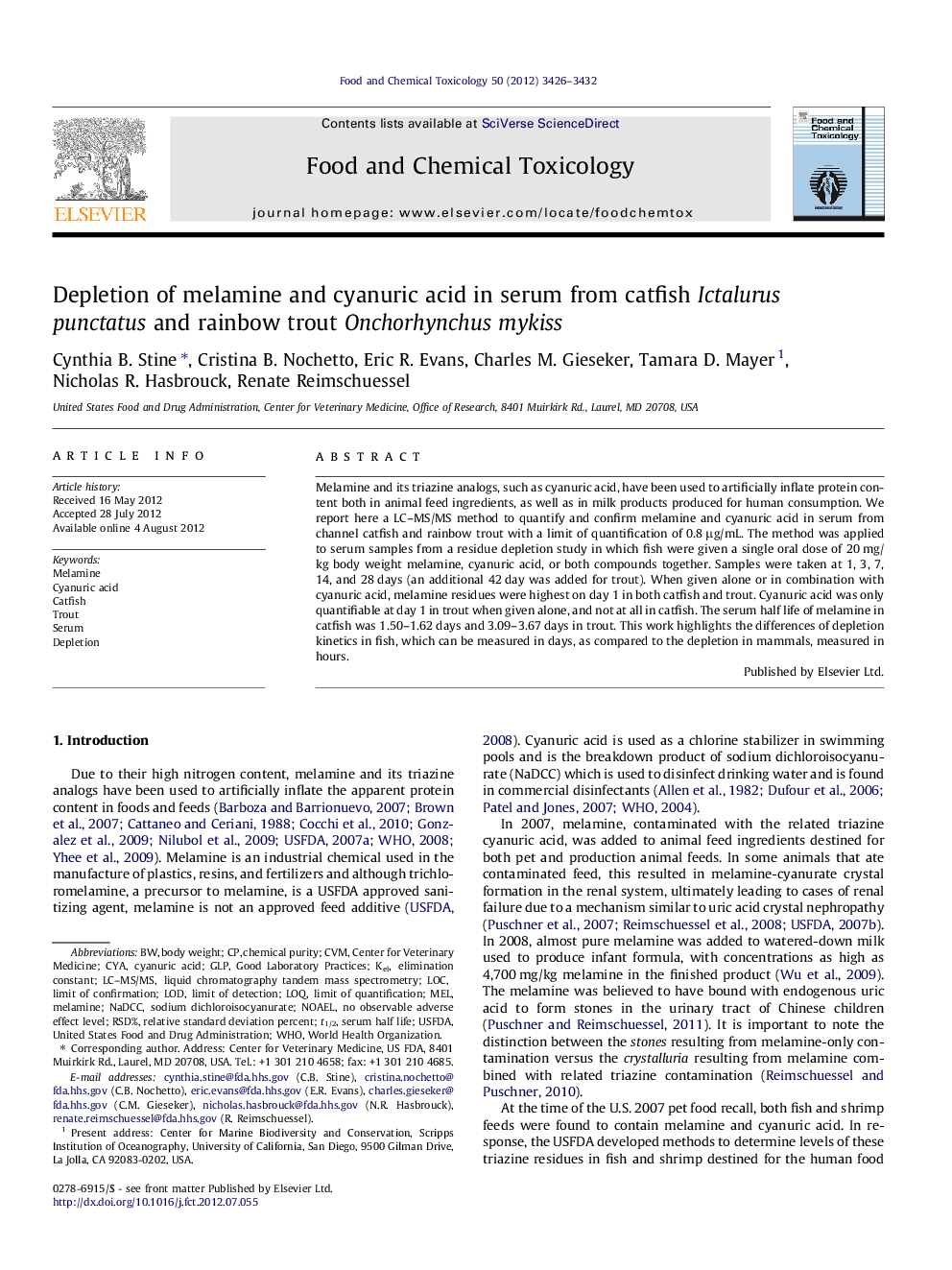 Depletion of melamine and cyanuric acid in serum from catfish Ictalurus punctatus and rainbow trout Onchorhynchus mykiss