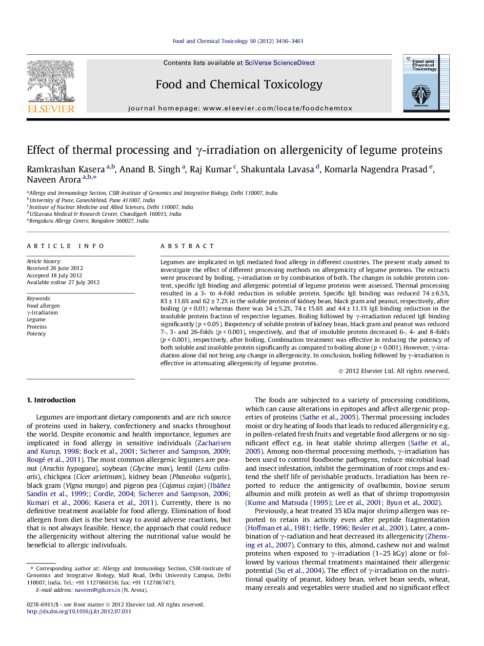 Effect of thermal processing and Î³-irradiation on allergenicity of legume proteins